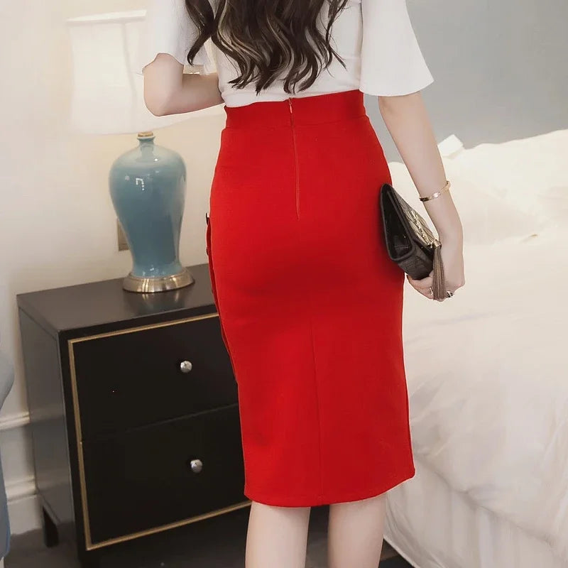 Summer Elegant Midi Skirt Women Skirt 5XL Plus Size Sexy Slit Women's Versatile Bodycon Pencil Skirt Fashion Button Streetwear