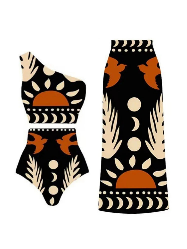 Two Pieces Set Woman Swimsuits 2025 Trend Printed One-piece Swimsuit Sexy Hollowed Out High Waisted Bikini for Beach Vacation