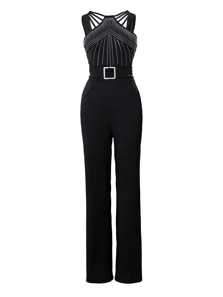 Summer Jumpsuits Women 2025 New Fashion Office One Pieces Black Multi Strap Sleeveless Rhinestone Bootcut Jumpsuit Overalls