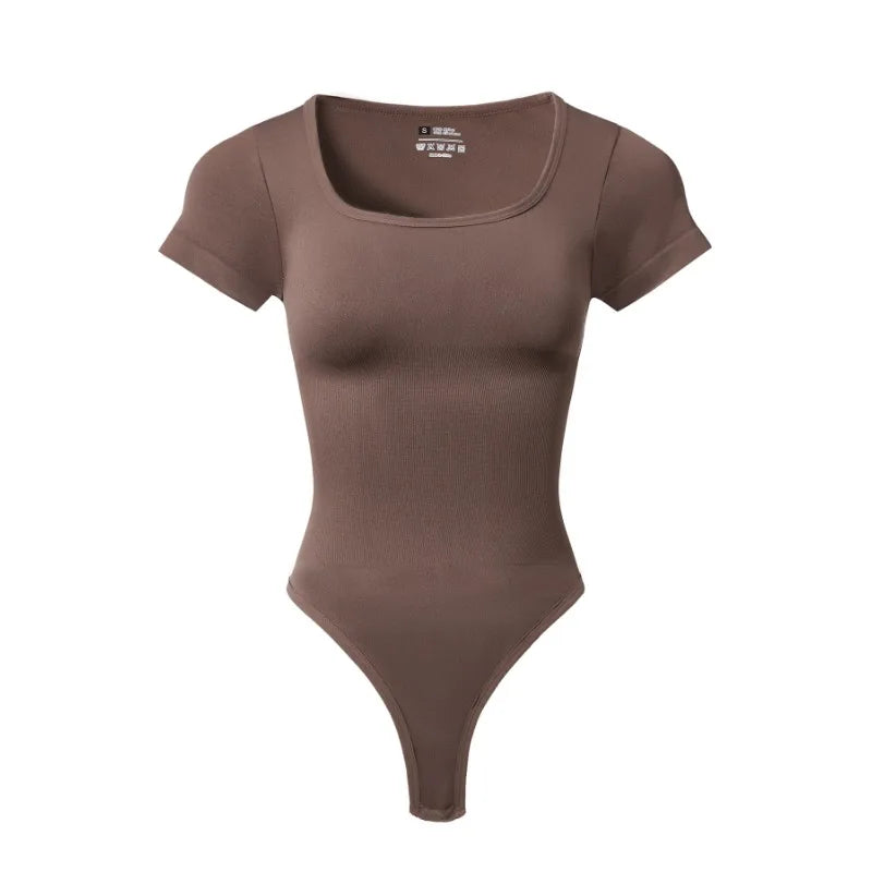 Women Plus Size Yoga Jumpsuit Seamless Square Neck T-shirt High Elastic Workout Running Sport Jumpsuit Solid Ribbed Jumpsuit Top