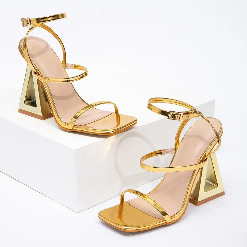 Eilyken Designer Golden Square Toe Buckle Strap Woman Sandals Summer Narrow Band Hollow Out High Heels Banquet Shoes