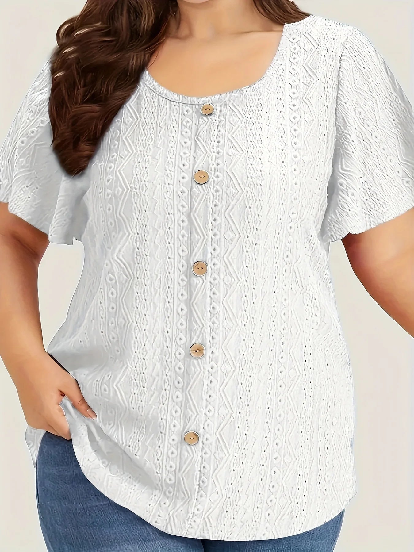 Plus Size Summer Women T Shirt Elegant Casual Solid Short Sleeve Shirts Ladies Hollow Loose Button Big Size Black White Tops 5XL