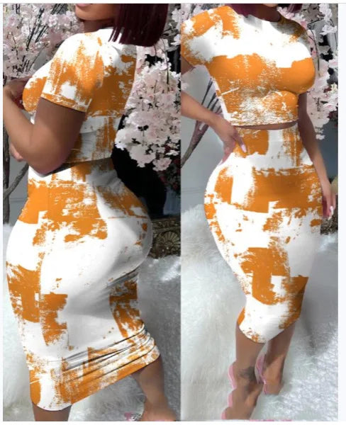 2 Piece Short Sleeve & High Waist Skirt Set
