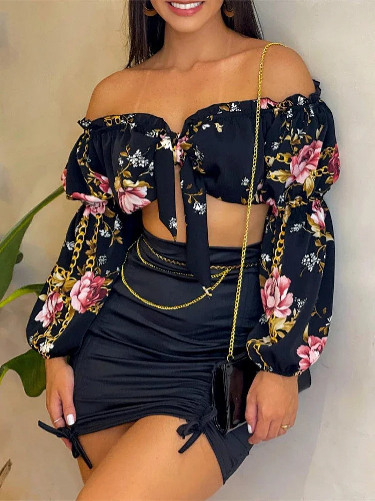 Sexy 2 Piece Lantern Crop Top & Skirt Set