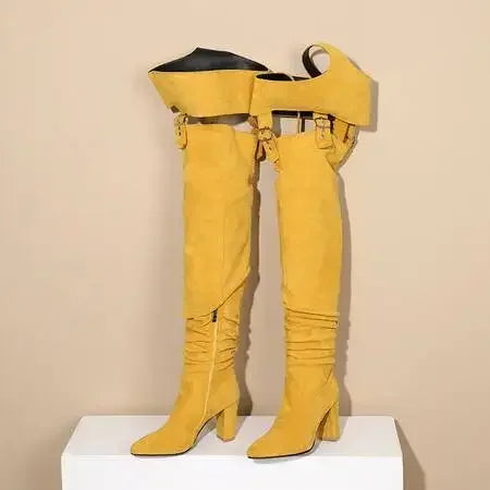 2024 New Suede High Heels Sexy Buckle Strap Thigh High Boots NightClub Stage Over-the-Knee Long Booties 8.5CM Fetish Women Shoes
