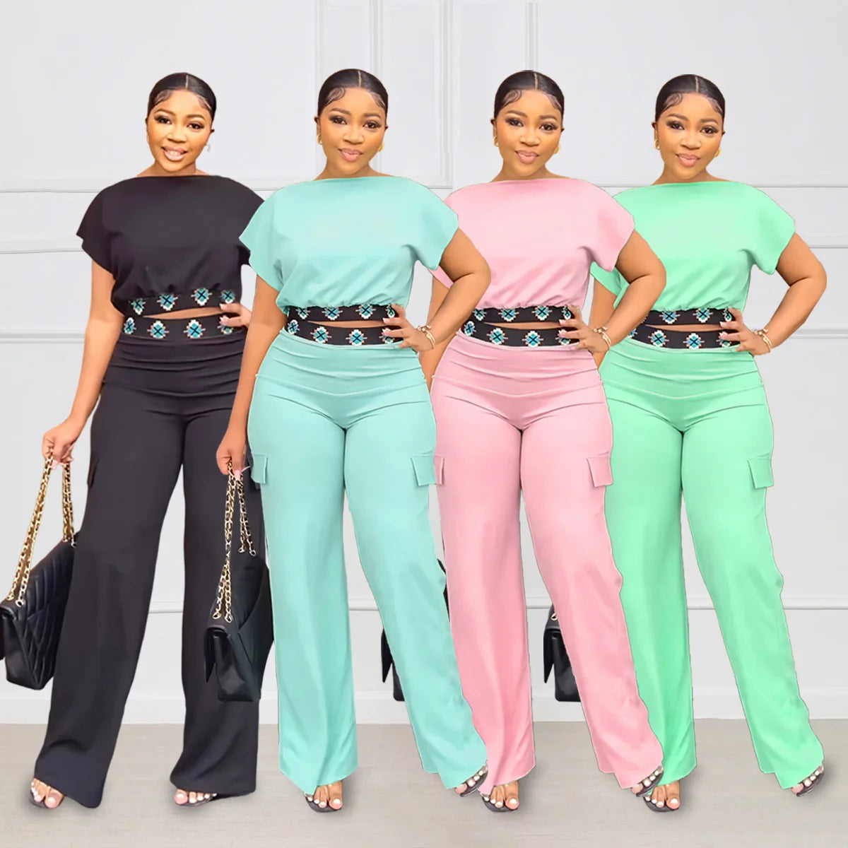 Two Piece Sets Women Outifit 2025 Summer Fashion Geometric Print Boat Neck Short Sleeve Crop Top & Casual Pocket Daily Pants Set
