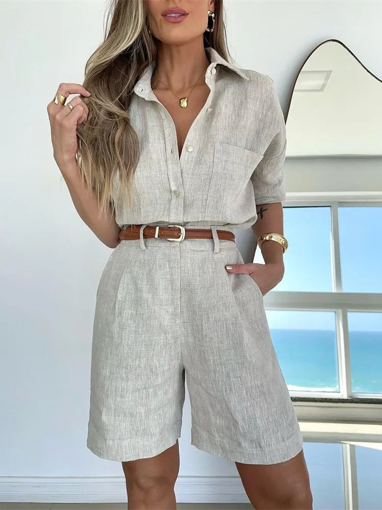 Fashion Casual Sleeve Top Belt Short Set