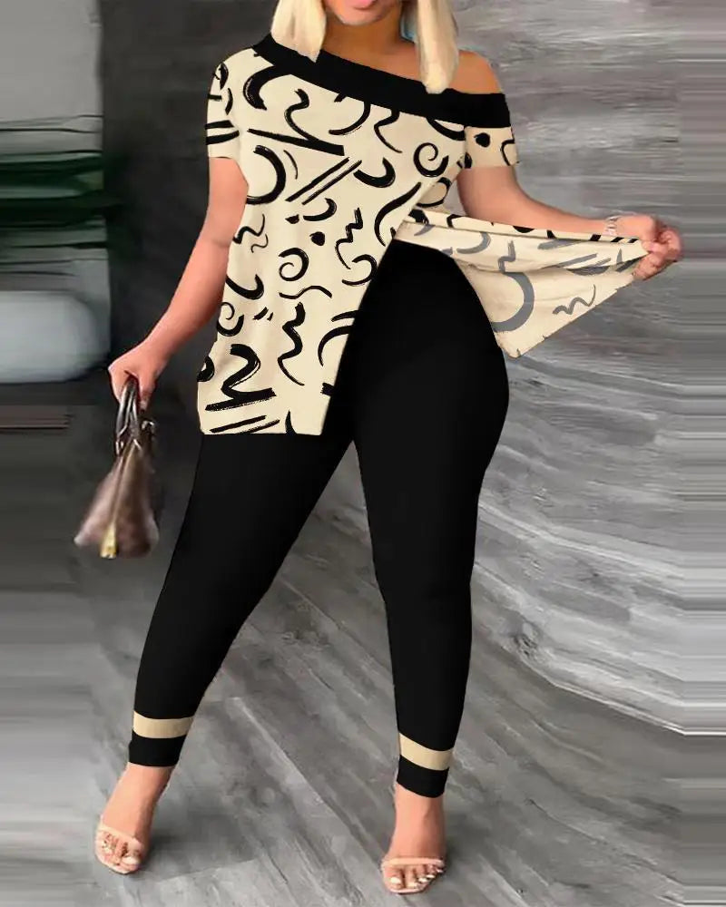 2 Piece Fashion Printed Ruffle Sleeve Pants Set