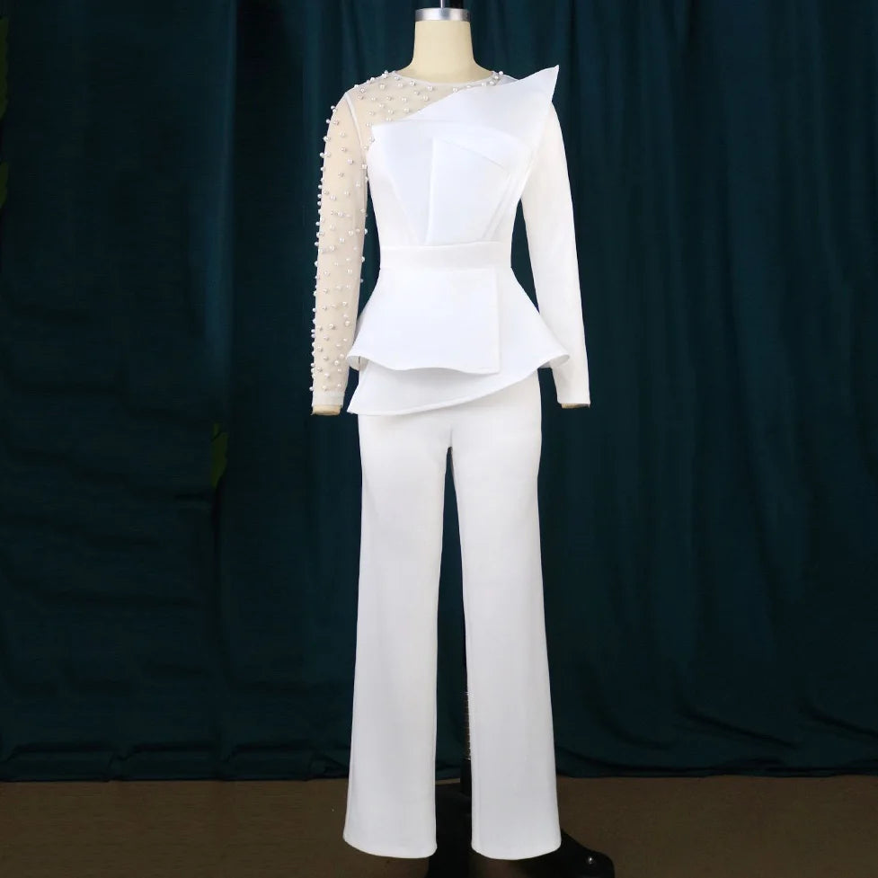 Elegant Jumpsuits & Rompers for Women 2025 White Black Beaded High Waisted Luxury Fashion Birthday Party Long Overalls Clothes