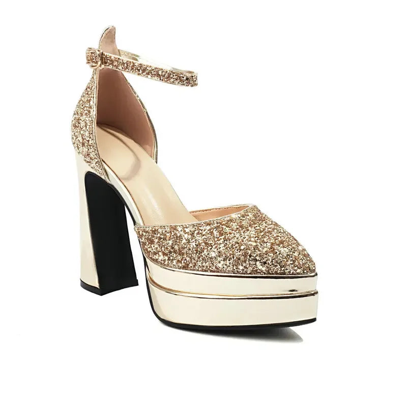 Sequins Glitter Bling Party Bride Shoes Shiny Golden Silver Pointed Toe Platform Mary Janes Summer Thick High Heels Sandals