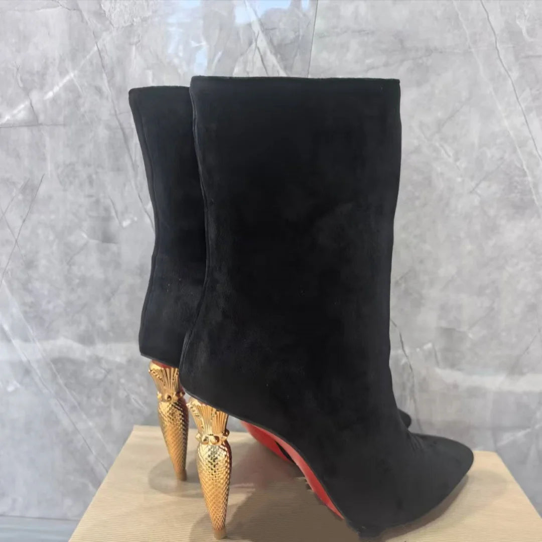 Gold Metal Bullet-Shaped Heel Short Boots For Women Pointed Toe Back Zipper Black Leather Boats Female High Heels Elegant 36-42