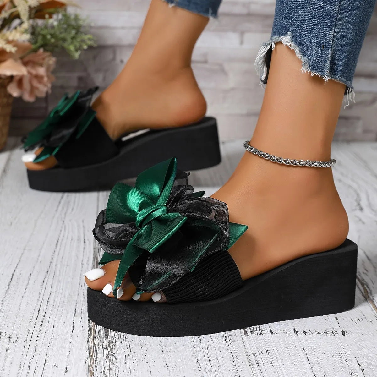 Top Bow Wedge Slippers