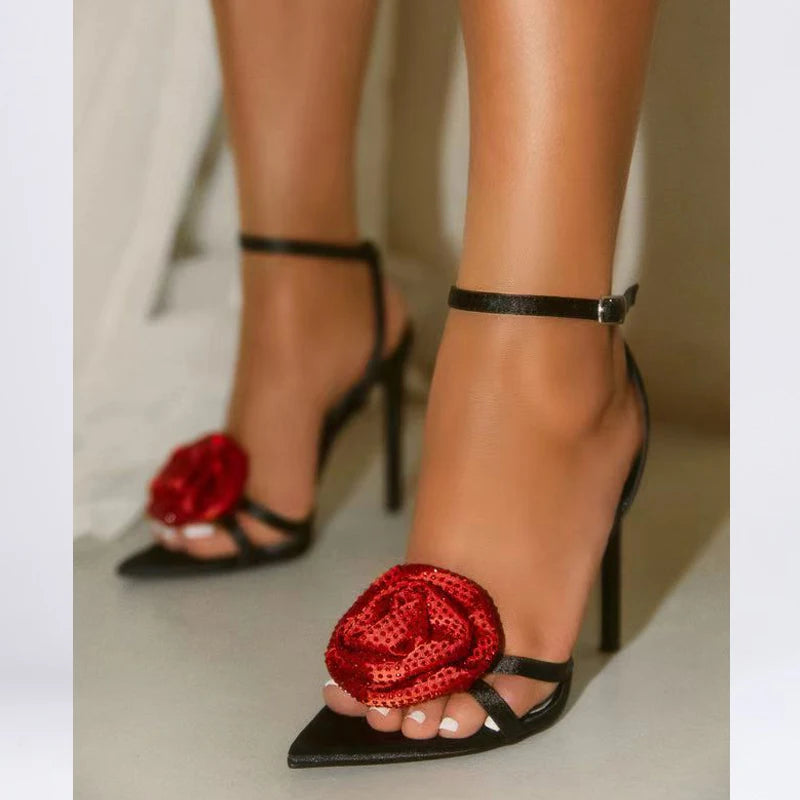 Eilyken Summer Ankle Buckle Strap Denim Sandals Women's CRYSTAL Flower Pointed Toe Thin Heels Shoes Party Prom Sandalias Mujer