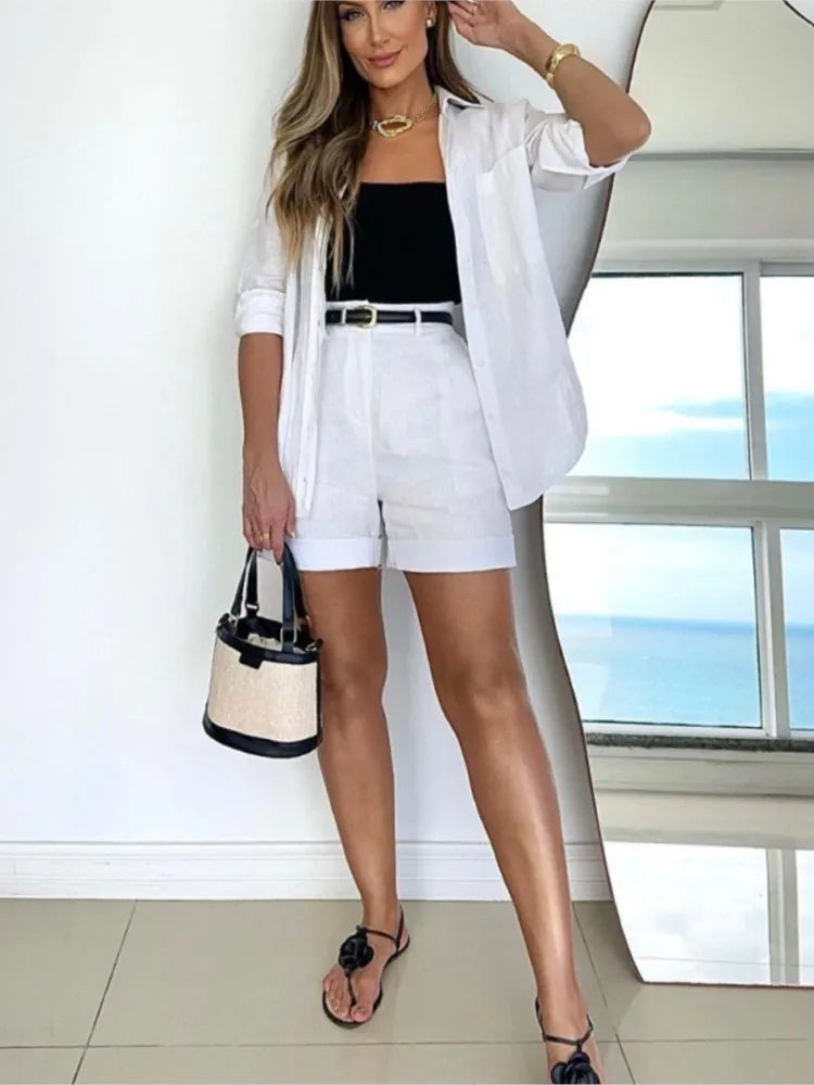 Fashion Casual Sleeve Top Belt Short Set