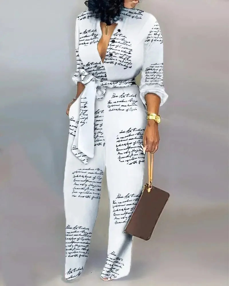 High-Waist Casual Straight-Leg Loose Printed Jumpsuit