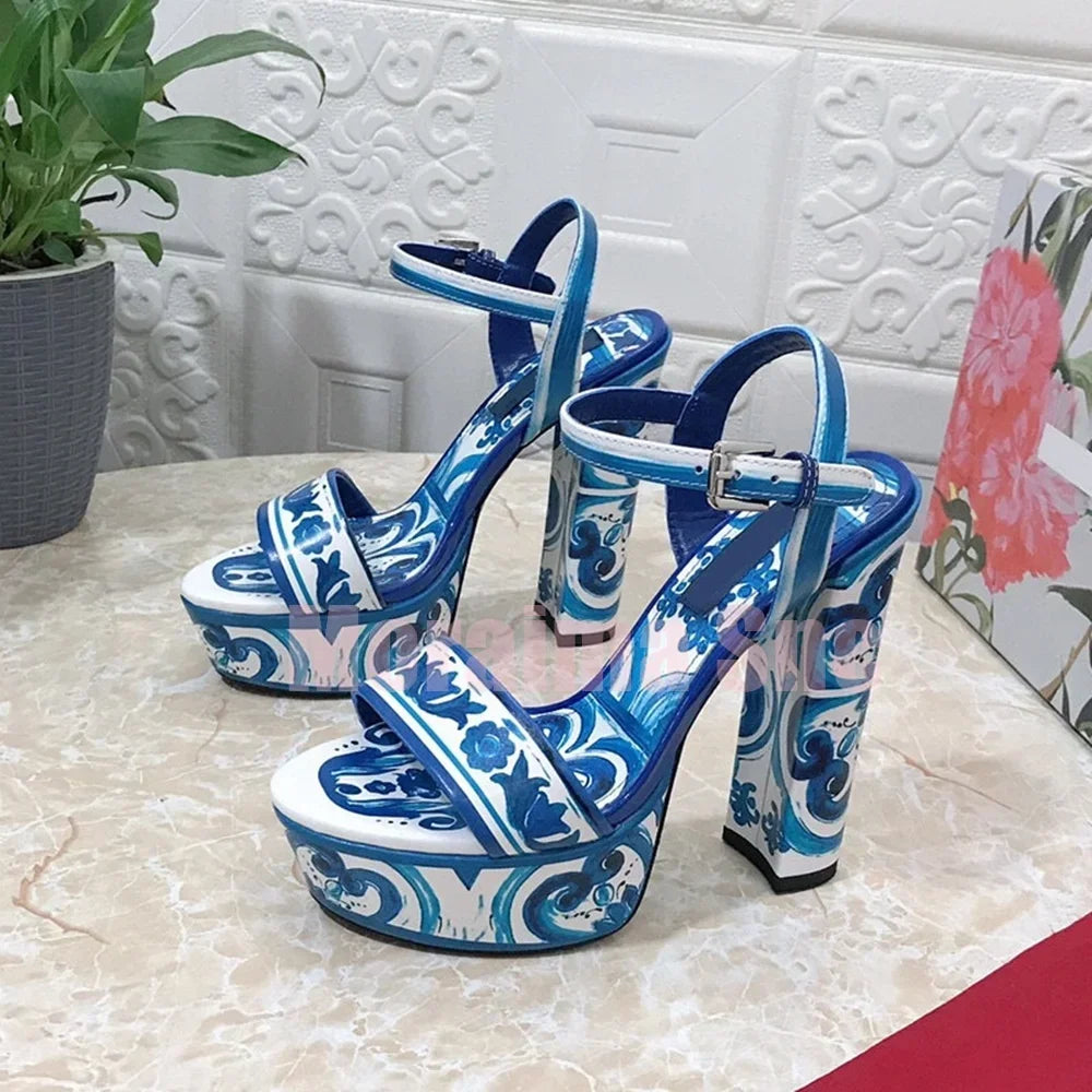 Luxury Printed Platform Sandals Round Open Toe Block High Heeled Ankle Buckle Strap Sexy Fashion Women's Summer Shoes Banquet