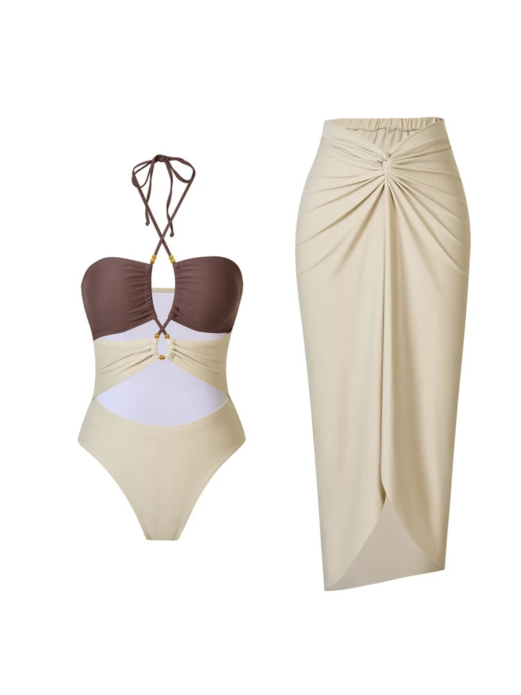Two Pieces Set Woman Swimsuits 2025 Trend Printed One-piece Swimsuit Sexy Hollowed Out High Waisted Bikini for Beach Vacation