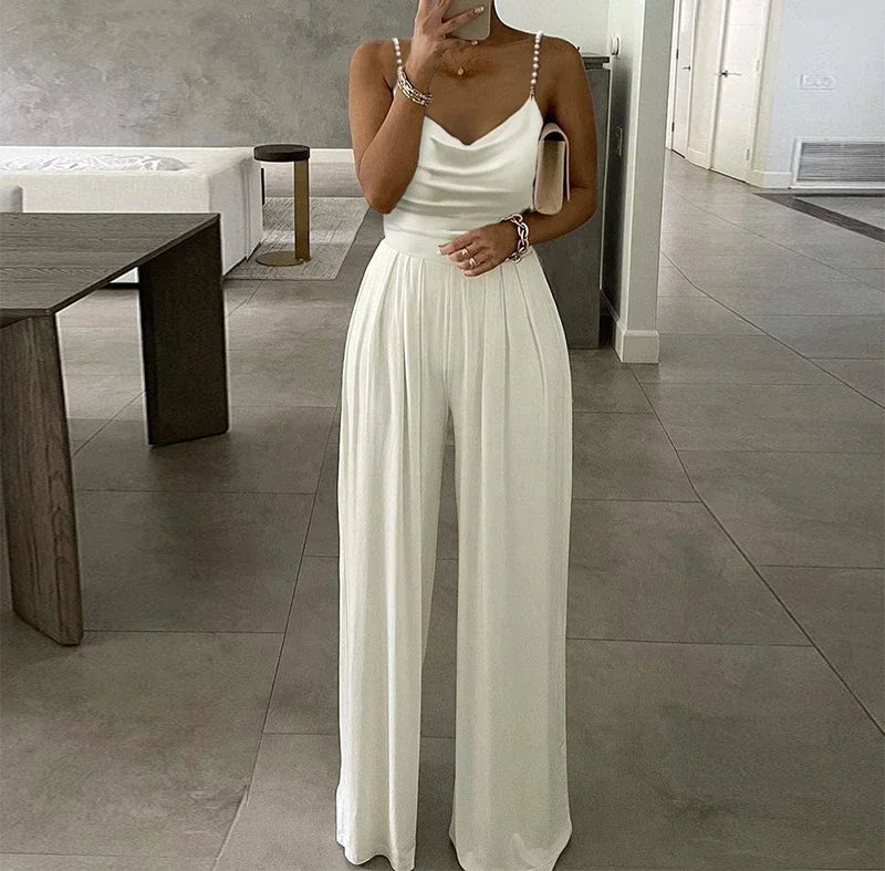 Sleeveless Jump Suits for Women Streetwear 2023 Autumn Pearl Suspender Wide Leg V-neck Backless Long Pants Jumpsuits of Female