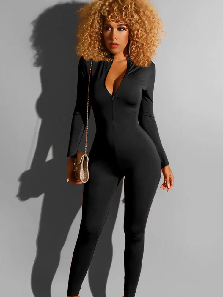 Casual Sporty Solid Bodycon Jumpsuit Women Outfits Long Sleeve Fitness Work Out Skinny Rompers Elastic Overalls for Women Jogger