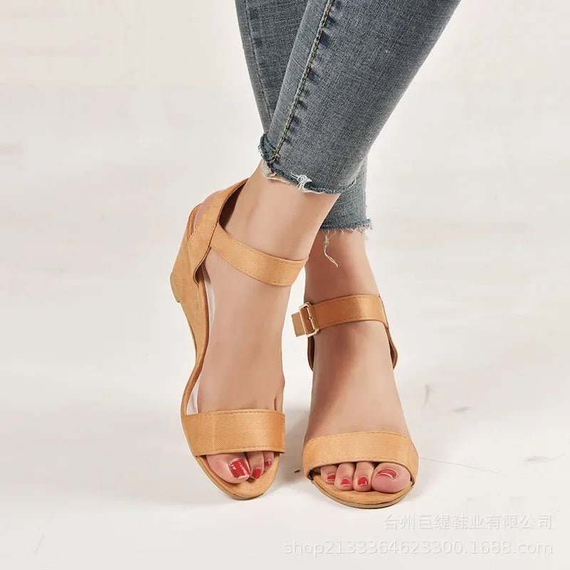 Low Wedge Buckle Strap Suede Sandals