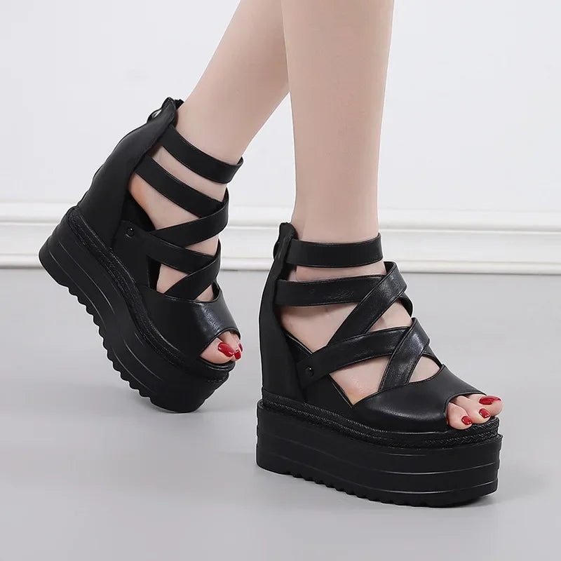 High Heeled Wedge Sandals 13CM Waterproof Platform Muffin Thick Bottom Cross with Fish Mouth Shoes New Inner Increase High Heels
