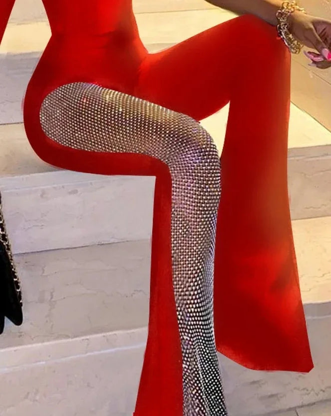 Jumpsuits for Women Fashion Rhinestone Fishnet Patch Flared Leg Rompers Overalls Sexy Nightclub Outfits Clubwear 2023 Autumn New