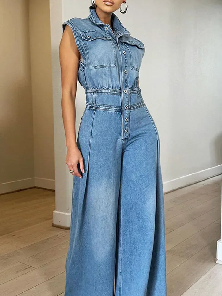 Streetwear Denim Jumpsuit Women Jean Overalls Sleeveless Elegant Turn-Down Collar Single Breasted Vintage One Pieces Rompers