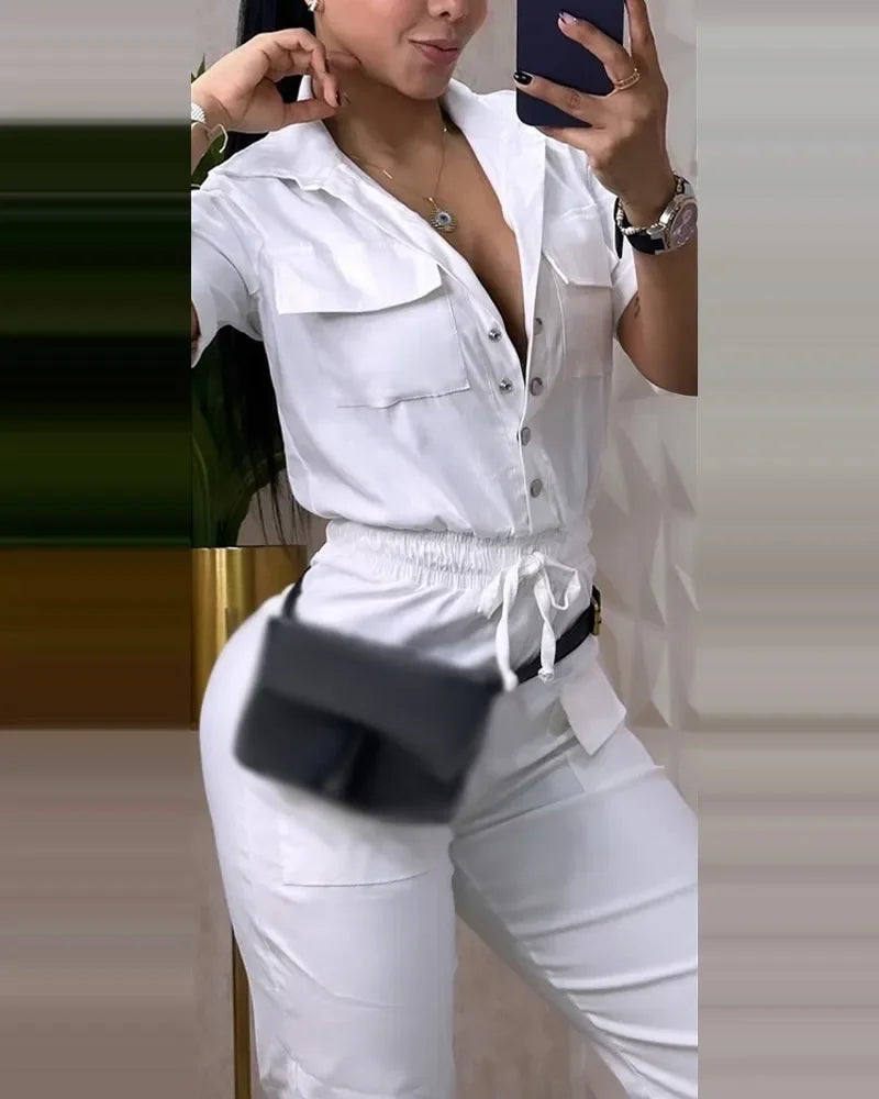 New Fashion Women Working Jumpsuit Short Sleeve Pocket Design Turn Down Collar Elastic Waist Drawstring Cuffed Cargo Jumpsuit