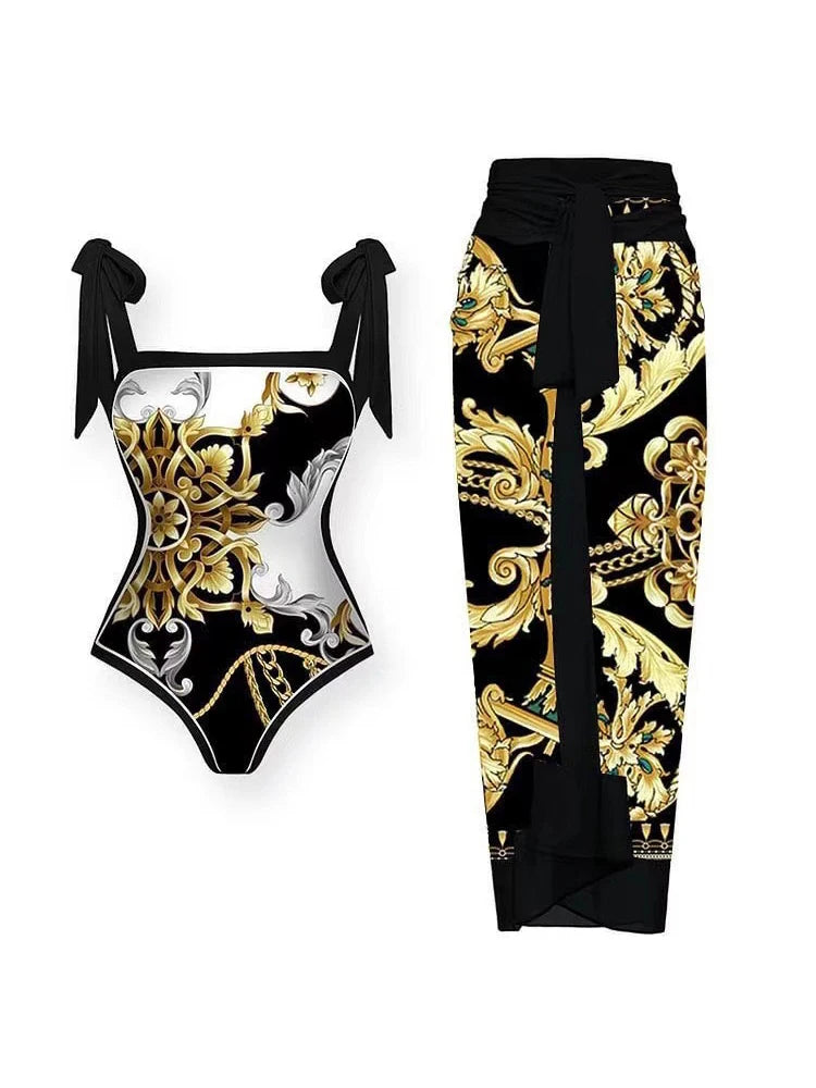 Two Pieces Set Woman Swimsuits 2025 Trend Printed One-piece Swimsuit Sexy Hollowed Out High Waisted Bikini for Beach Vacation