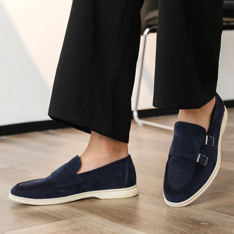 Suede Leather Men's Business Casual Shoes Handmade Double Buckle Loafers Leisure Slip on Flats Outdoor Male Driving Moccasins