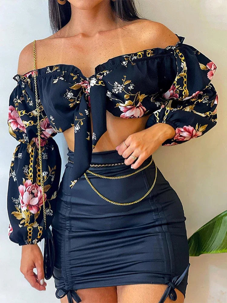 Sexy 2 Piece Lantern Crop Top & Skirt Set