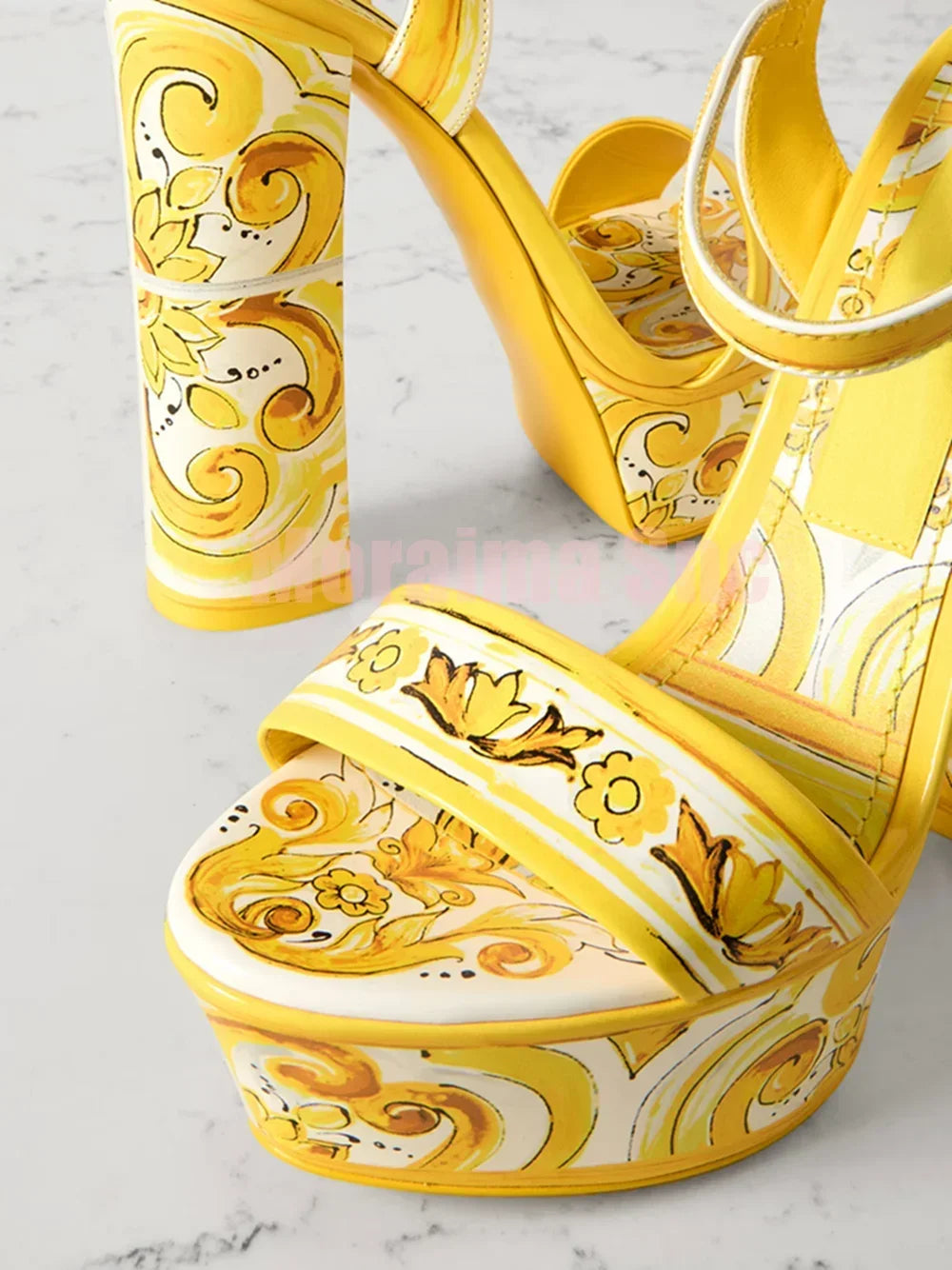 Luxury Printed Platform Sandals Round Open Toe Block High Heeled Ankle Buckle Strap Sexy Fashion Women's Summer Shoes Banquet