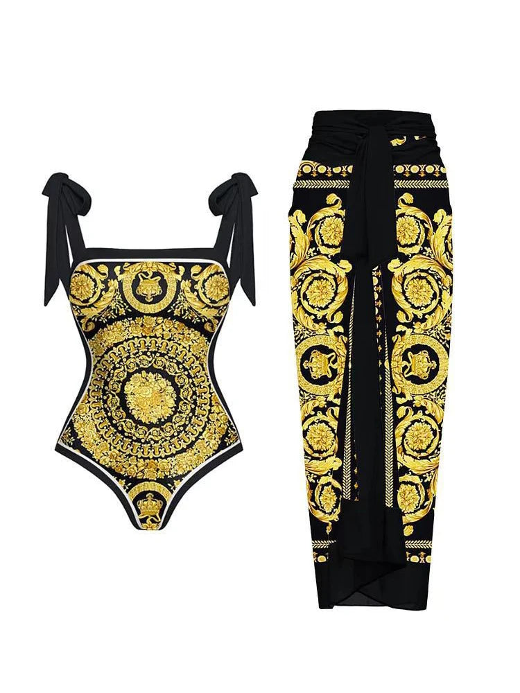 Two Pieces Set Woman Swimsuits 2025 Trend Printed One-piece Swimsuit Sexy Hollowed Out High Waisted Bikini for Beach Vacation