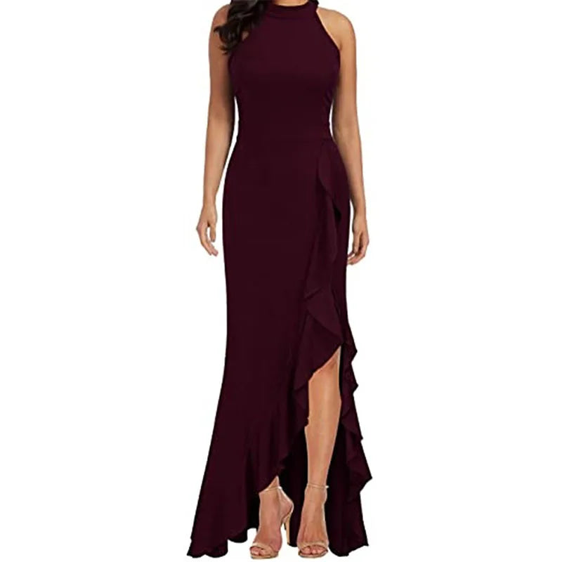 Women High Waist Plus Size Sleeveless Halter Maxi Dress Evening Dresses for Party Wedding