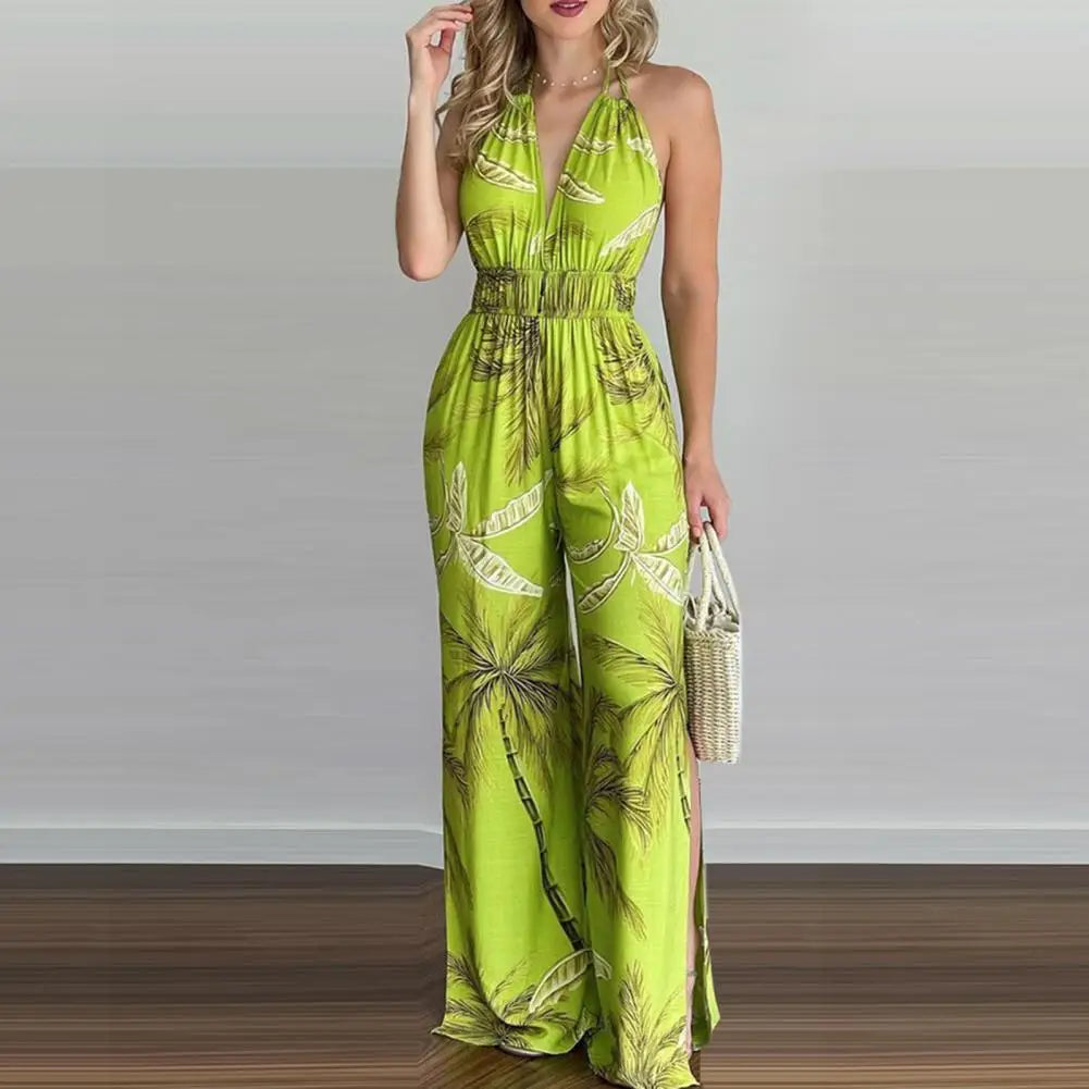 Sexy Sleeveless Halter Jumpsuit Women 2022 Summer Romper Floral Print Wide Leg Long Pants for Women Jumpsuits комбинезон женский