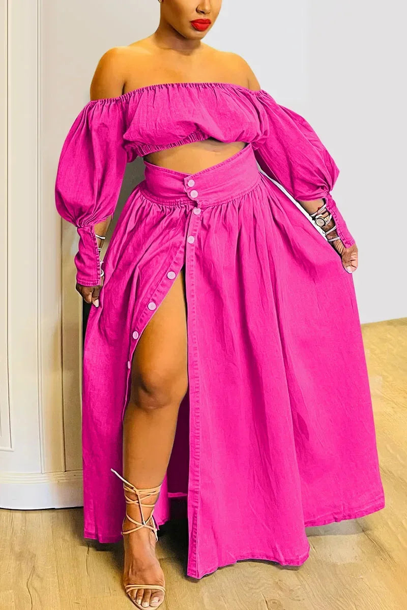 Off The Shoulder 2 Piece Denim Skirt Set