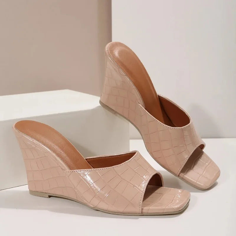 Snake Print Leather Wedge Sandal Slippers