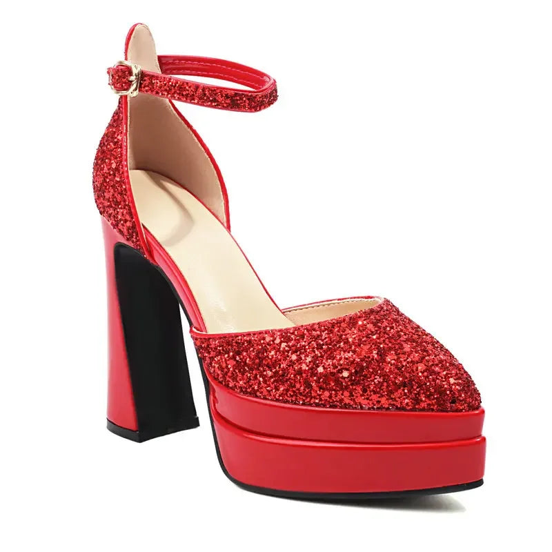 Sequins Glitter Bling Party Bride Shoes Shiny Golden Silver Pointed Toe Platform Mary Janes Summer Thick High Heels Sandals
