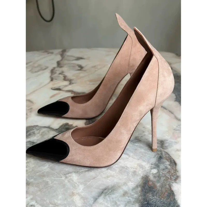 High-heeled shoes spring pointed shallow suede heart-shaped patent leather stitching single shoes banquet large size women shoes