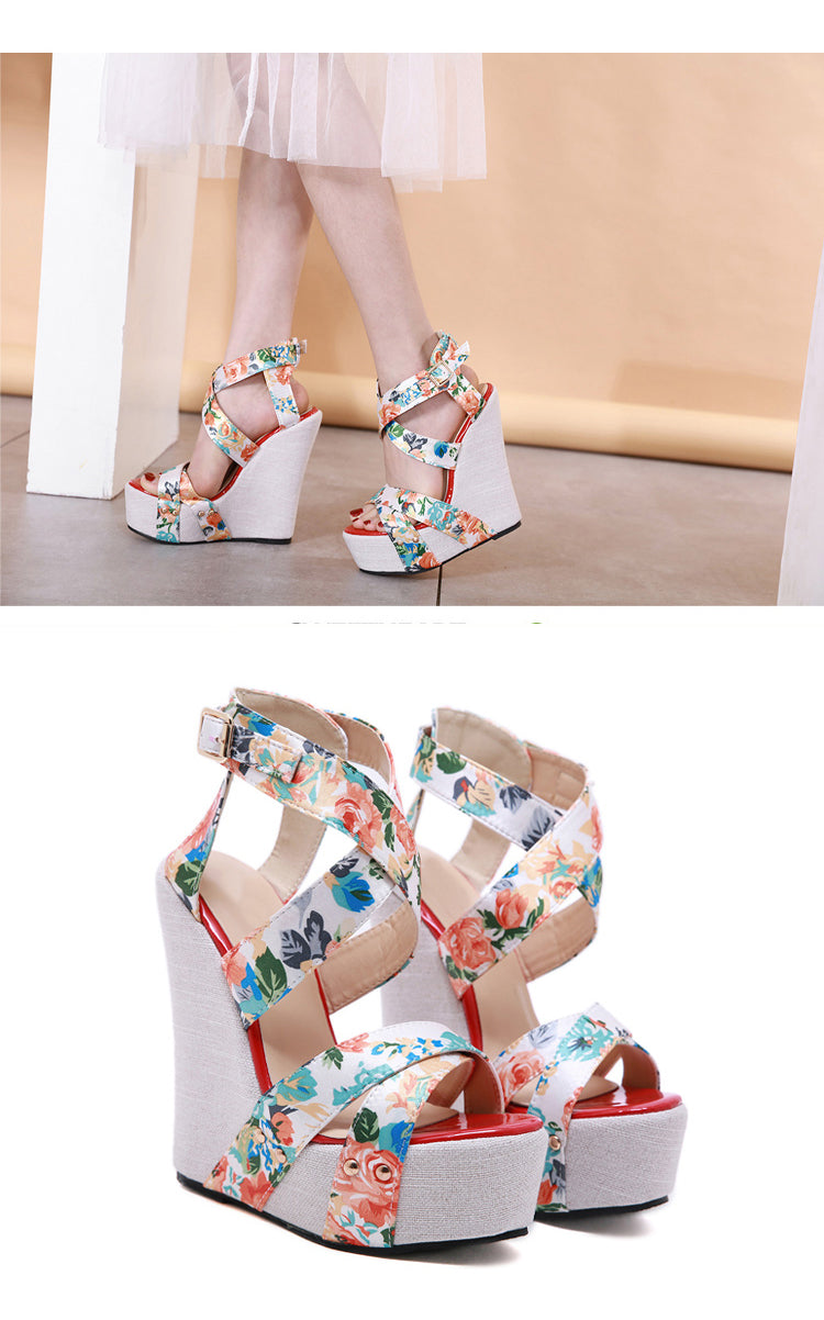 Aneikeh Women Wedges Sandals Summer Platform Sandals High Heels Shoes Ankle Strap Designer Silk Print Footwear Sandals Pumps