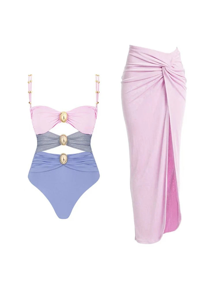 Two Pieces Set Woman Swimsuits 2025 Trend Printed One-piece Swimsuit Sexy Hollowed Out High Waisted Bikini for Beach Vacation
