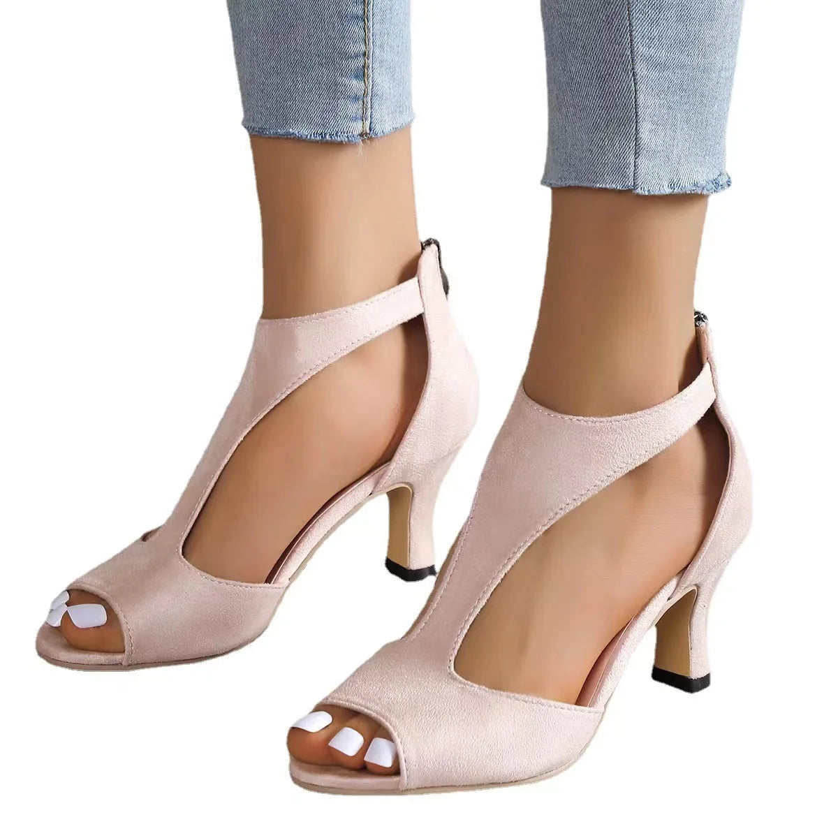 Zipper Back Chunky French High Heel