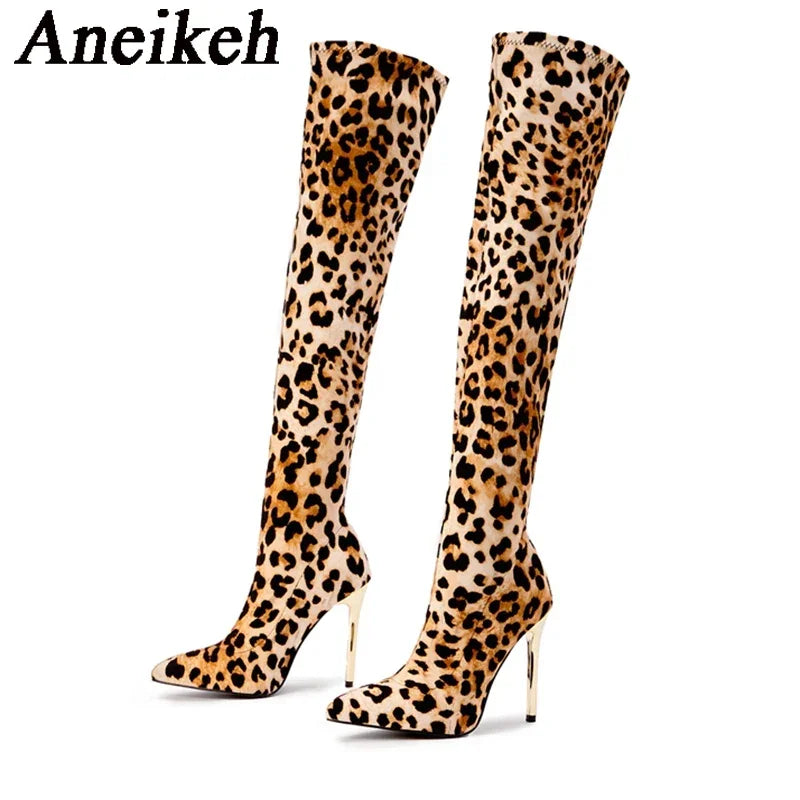 Aneikeh Over Knee Long Boots Sexy Leopard Fetish Strip Pole Dance Pointed Toe Thin Heels Ladies Shoes 2025 Spring Botas De Mujer