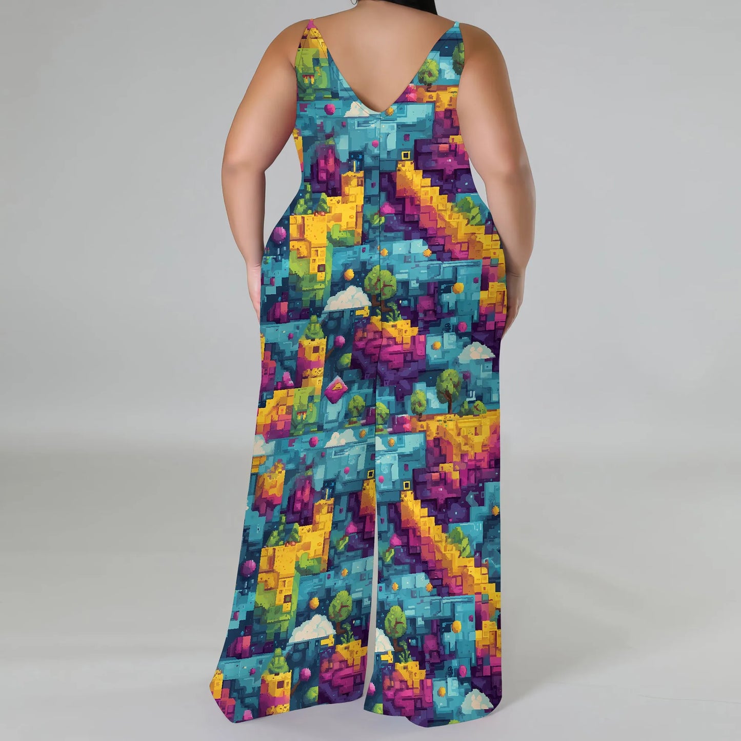 Plus Size Graphic Jumpsuit Colorful Pixel Landscape Print Wide Leg Sleeveless Romper for Women