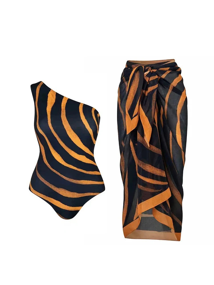 Two Pieces Set Woman Swimsuits 2025 Trend Printed One-piece Swimsuit Sexy Hollowed Out High Waisted Bikini for Beach Vacation