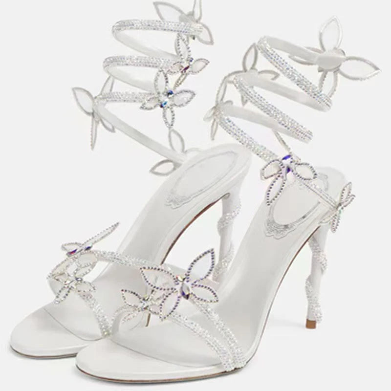 Eilyken Sexy CRYSTAL Flower Thin High Heels Women Sandals Street Style Narrow Band Ankle Strap Pole Dancing Ladies Shoes