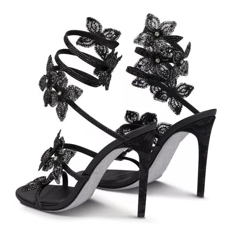 Eilyken Sexy CRYSTAL Flower Thin High Heels Women Sandals Street Style Narrow Band Ankle Strap Pole Dancing Ladies Shoes