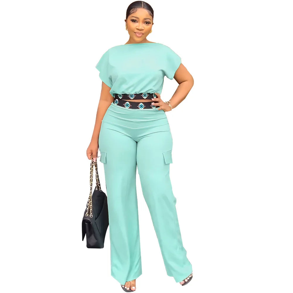 Two Piece Sets Women Outifit 2025 Summer Fashion Geometric Print Boat Neck Short Sleeve Crop Top & Casual Pocket Daily Pants Set