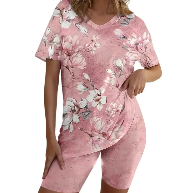 Plus Size 1XL-5XL Women Fashion Floral Print Two Piece Set Outfit Ladies Casual Short Sleeve Crew Neck T-Shirt & Shorts Outfit