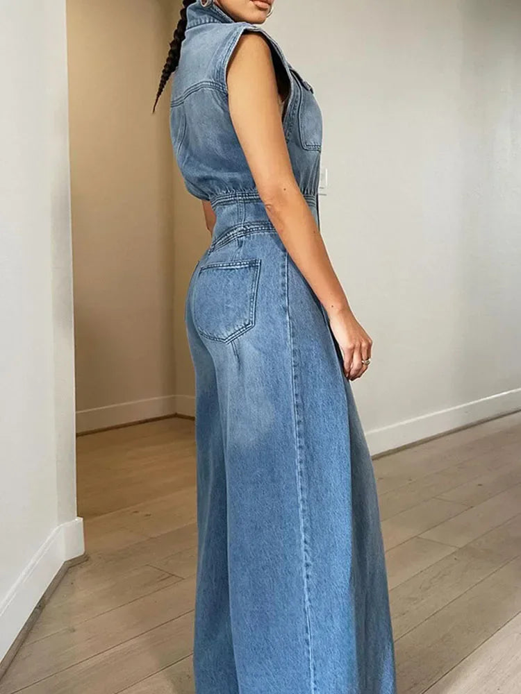 Streetwear Denim Jumpsuit Women Jean Overalls Sleeveless Elegant Turn-Down Collar Single Breasted Vintage One Pieces Rompers